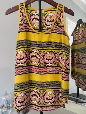 LOFT Yellow Floral Stripe Sleeveless Top US Small